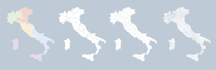 Italy map, division by zones, regions, provinces and municipalities. Closed and perfectly editable polygons, polygon fill and color paths editable at will. Levels. Political geographic map