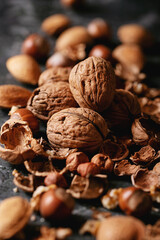 Varieties of nuts: almonds, hazelnuts and walnuts