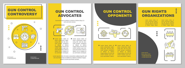 Gun control opponents brochure template. Criminal access to guns. Flyer, booklet, leaflet print, cover design with linear icons. Vector layouts for magazines, annual reports, advertising posters