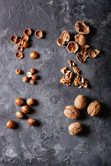 Varieties of nuts: hazelnuts and walnuts