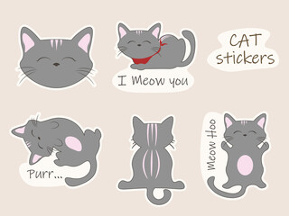 Cats cute sticker collection. Set of purebred pet animals isolated on white background.