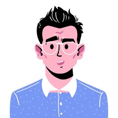 Portrait of a young surprised guy in glasses with a fashionable haircut. Illustration of an avatar of a man in a blue shirt. Hand-drawn face isolated on white background.