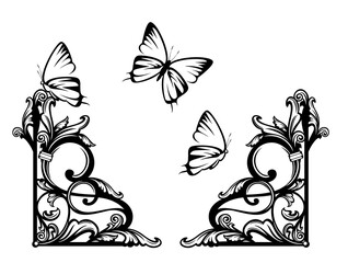 antique style page corner decor element with plant leaves and butterflies - black and white vector outline graphic set
