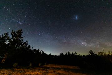The amazing night sky full of stars. An awe scenery in the outdoors with the forest, the trees and the stars glowing in the distance. A dreamlike and colorful scenery at Puertecillo wood