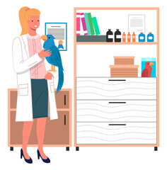 Veterinarian wooman holding big blue parrot in hands in the medical office. Doctor with bird flat vector. Veterinary care flat illustration. Visit to the vet clinic to check the health of a pet
