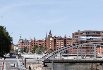 The Alte Speicherstadt is a historic district in Hamburg and there are old brick warehouses along the canals.