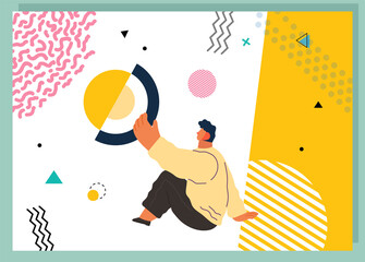Young man holding and organizing abstract circular geometric shape virtual flat vector illustration. Person sitting with round object in hands on white background. Business building visionary concept