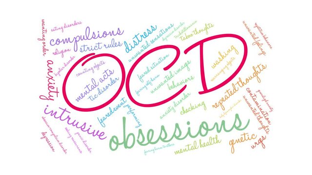 OCD animated word cloud on a white background.