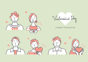 バレンタイン用のカップルのシンプルでおしゃれな線画イラスト素材セット