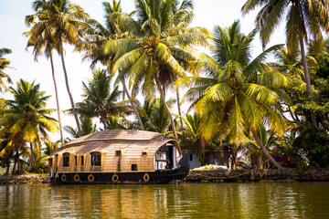 House-boat pleasure cruise ship in India, Kerala on the seaweed-covered river channels of Allapuzha...