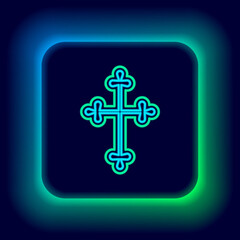 Glowing neon line Christian cross icon isolated on black background. Church cross. Colorful outline concept. Vector.