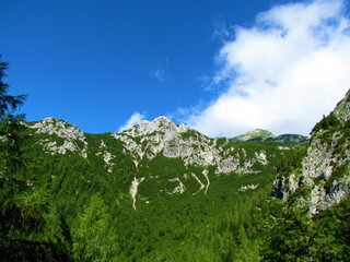 Alpine landscape and the peak of Ablanca mountain in Julian alps and Triglav national park,...