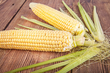 Corn on the cob on a wooden background. View from another angle in the portfolio.