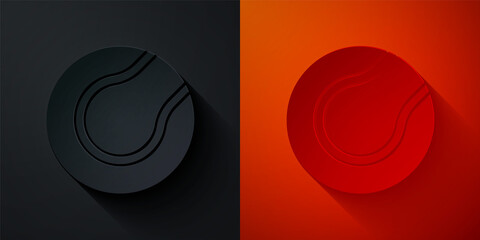 Paper cut Tennis ball icon isolated on black and red background. Sport equipment. Paper art style. Vector.