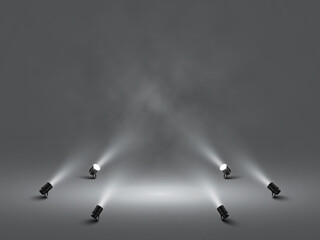 Spotlights with bright white light shining stage. Illuminated effect projector. Illustration of projector for studio. Vector illustration