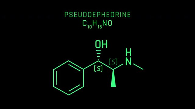 Pseudoephedrine or PSE Molecular Structure Symbol Neon Animation on black background