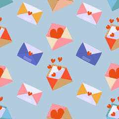 Seamless pattern with envelopes. Stylish pattern with love envelopes and letters on a blue background. It is used for notebooks, backgrounds, phone cases, packaging paper, wallpaper, textile design.