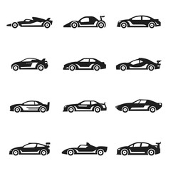 Racing cars bold black silhouette icons set isolated on white. Sport autos pictograms.