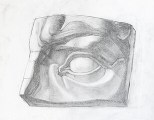 academic drawing - male eye, plaster cast fragment of David's face hand-drawn by graphite pencil on white paper