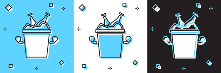 Set Beer bottles in ice bucket icon isolated on blue and white, black background. Vector. © vector_v