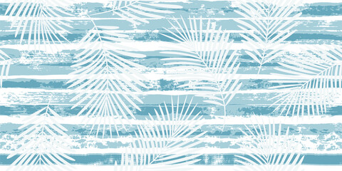 Tropische patroon, palmbladeren naadloze vector floral achtergrond. Exotische plant op blauwe strepen print illustratie. Zomerse natuur jungle print. Bladeren van palmboom op verflijnen. inkt penseelstreken