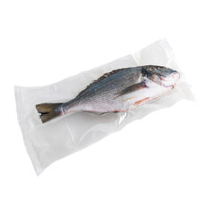 Frozen dorado fish. In plastic vacuum packaging. White background. Isolated.