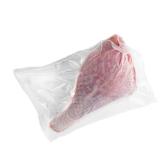 Frozen deer turkey. In plastic vacuum packaging. White background. Isolated. View from above.