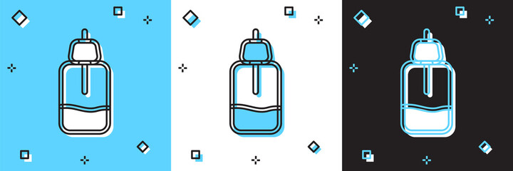 Set Essential oil bottle icon isolated on blue and white, black background. Organic aromatherapy essence. Skin care serum glass drop package. Vector.