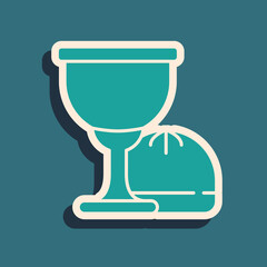 Green Holy grail or chalice icon isolated on green background. Christian chalice. Christianity icon. Long shadow style. Vector.
