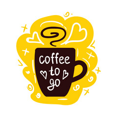 Coffee cup logo. Coffee mugs color banner on white background with text - coffee to go.