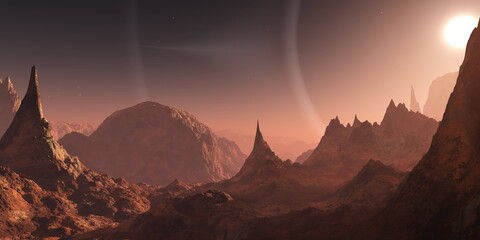 Mars, martian landscape, panorama of Mars, alien landscape, mars at sunrise, 3d rendering