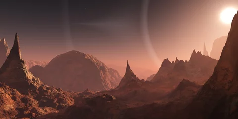Foto op Plexiglas Mars, Marslandschap, panorama van Mars, buitenaards landschap, Mars bij zonsopgang, 3D-rendering © ustas