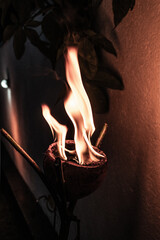 Zbliżenie na ogień na ciemnym tle, naturalna azjatycka pochodnia z kokosa. © insomniafoto