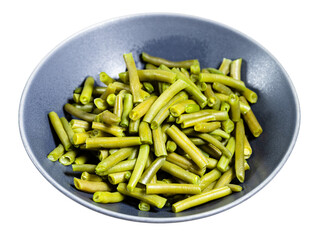 portion of boiled green beans in gray bowl isolated on white background