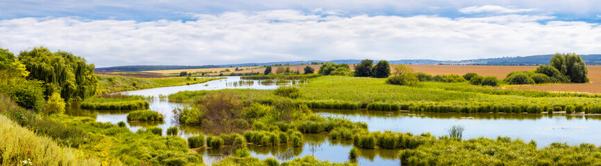 Fototapeta na wymiar Summer panorama with river on the plain, fields and forest in the distance in sunny weather