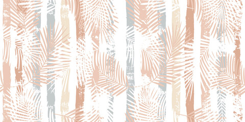 Tropical pattern, palm leaves seamless vector floral background. Exotic plant on beige stripes print illustration. Summer nature jungle print. Leaves of palm tree on paint lines. ink brush strokes