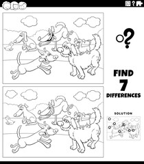 differences game with happy dogs coloring book page