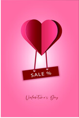 Fototapeta na wymiar Valentines day sale with Balloon heart shape. paper art 3d from digital craft style. Valentine's day of Sale banner