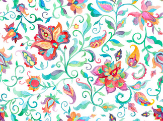 Paisley watercolor floral pattern tile: flowers, flores, tulips, leaves. Oriental indian traditional hand painted water color whimsical seamless print, ceramic design. Abstract india batik background