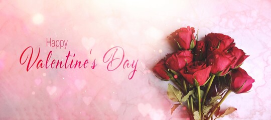 Happy Valentine's Day. Bouquet of red roses on marble.  Background banner, greeting card for valentine