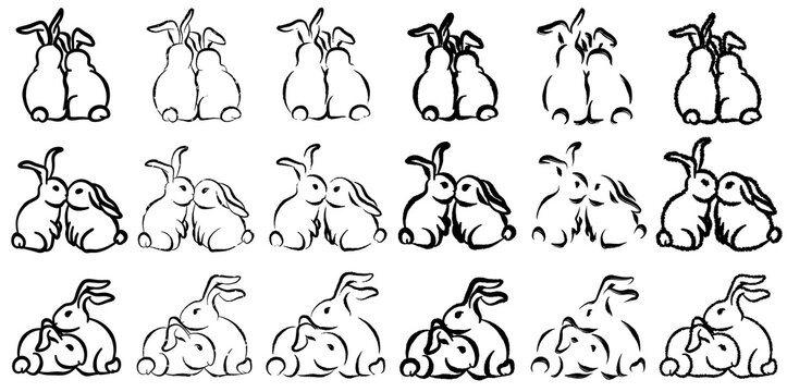 Love bunny rabbits for St Valentines and other romantic illustrations. Set of 18 (3 sketches x 6 brushes).  
(Looking into distance, kissing, hugging) x (flash, pencil, fluffy, thick, rough, grungy).