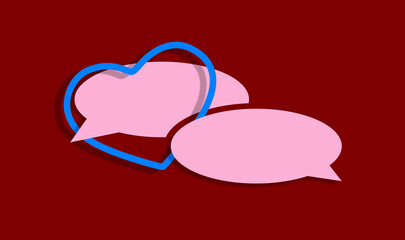Heart and dialog balloons. Illustration to congratulate or communicate love, affection and passion. Cross effect on design elements. Symbol of feeling. Two empty speech bubbles. Space for copy paste.