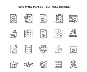 Simple Set of Inspection Related Vector Line Icons. Contains such Icons as Task Schedule Check, Examination, Approval and more. Editable Stroke. 48x48 Pixel Perfect.