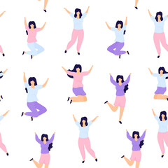 International Women's Day seamless pattern. Sisterhood. Group of young joyful girls jumping with raised hands.