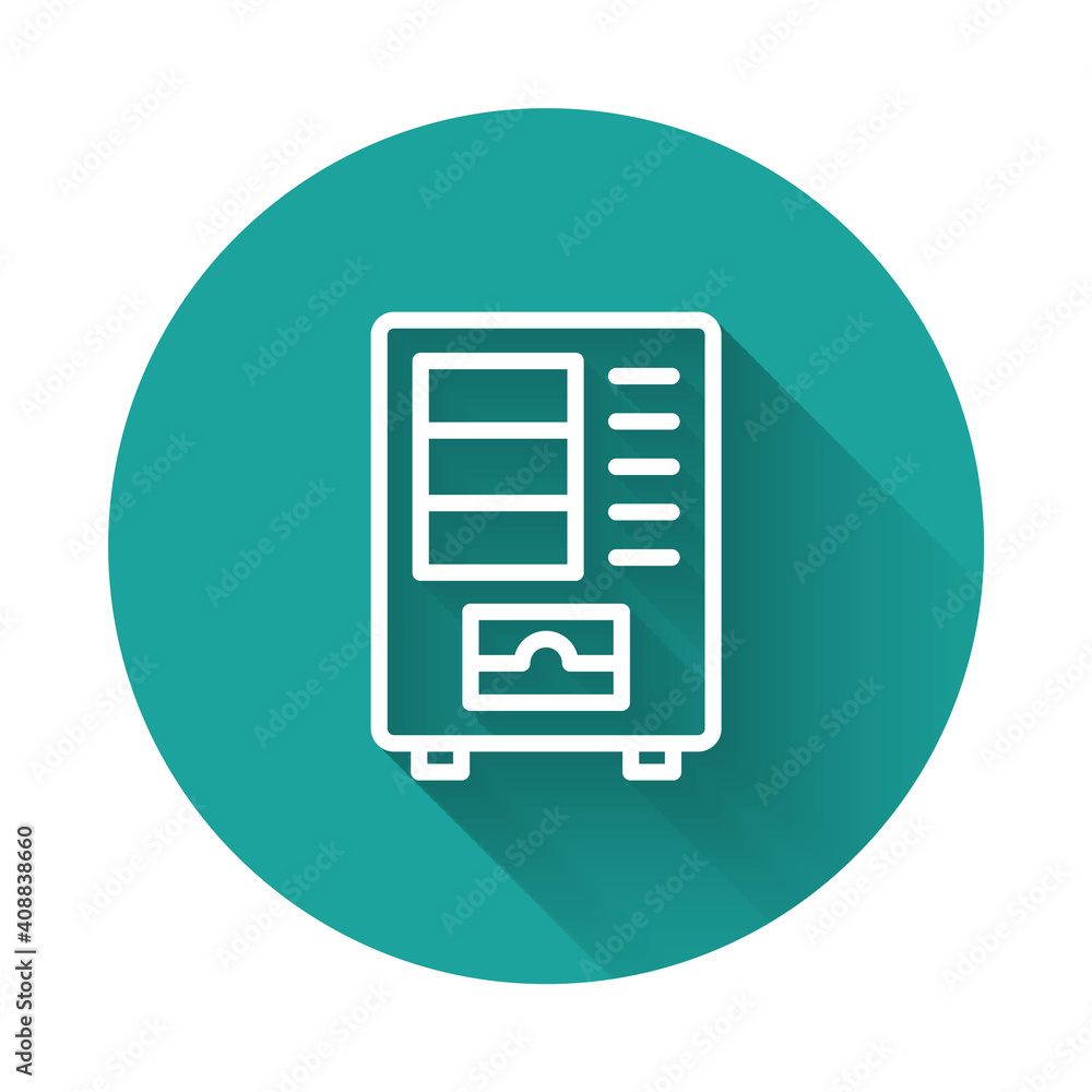 Poster white line vending machine of food and beverage automatic selling icon isolated with long shadow bac