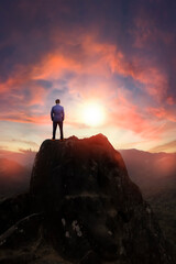 Business man on top of the hill looking at the beautiful landscape, 3D illustration