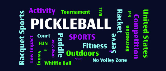 Pickle-ball word collage on blue background for sports, fitness, and recreation concepts. 