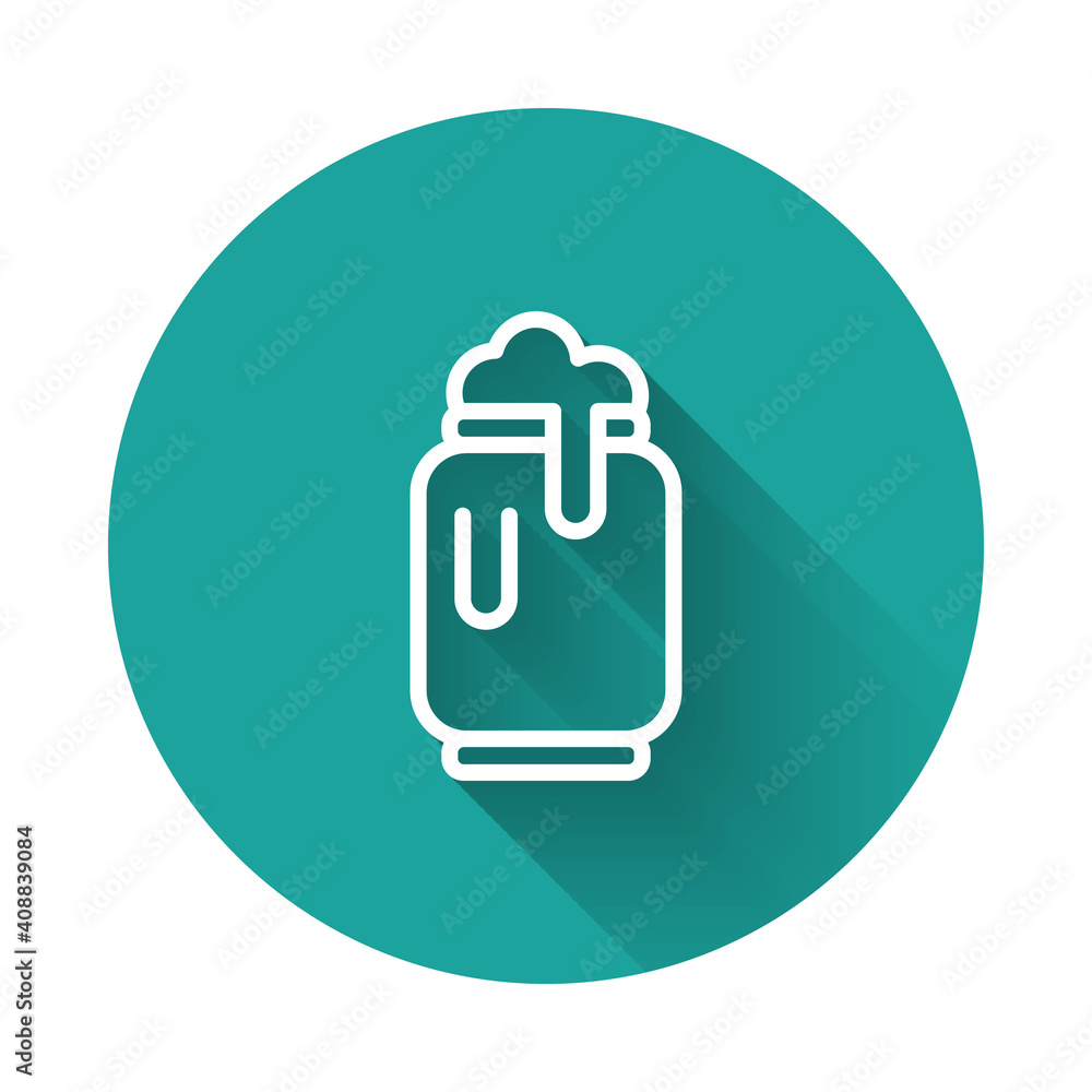 Poster white line beer can with foam icon isolated with long shadow background. green circle button. vector