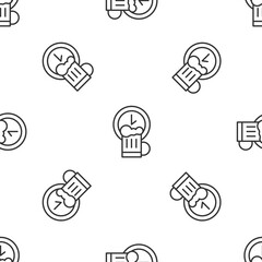 Grey line Happy hour with wooden beer mug icon isolated seamless pattern on white background. Vector.