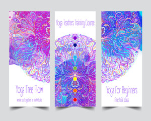 Yoga card, flyer, poster, mat design. Colorful design template for spiritual retreat or yoga studio. Ornamental business cards, oriental pattern. Vector illustration.
